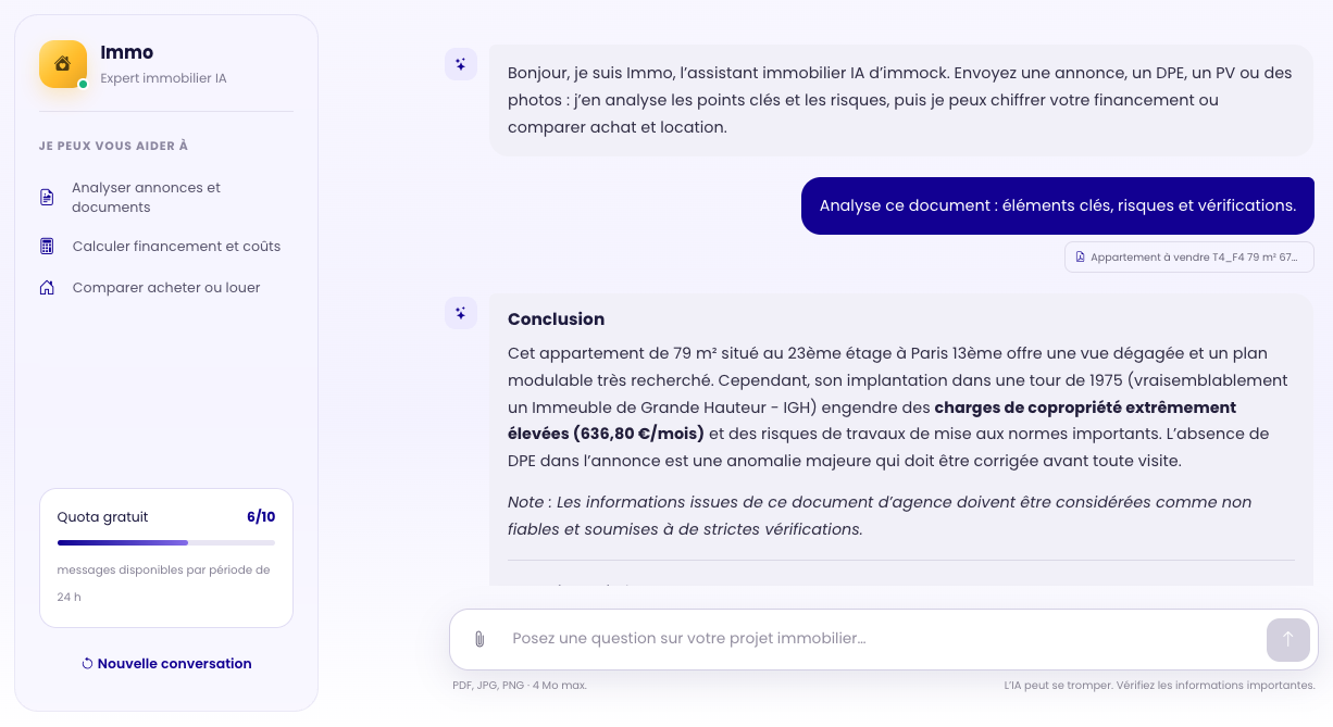 Analyse d’une annonce immobilière avec l’Assistant IA immock